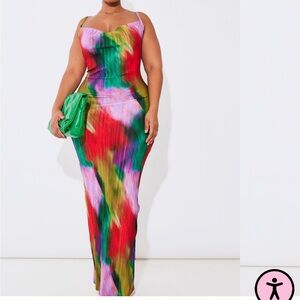 Red and Green Bodycon Maxi Dress with Spaghetti Straps